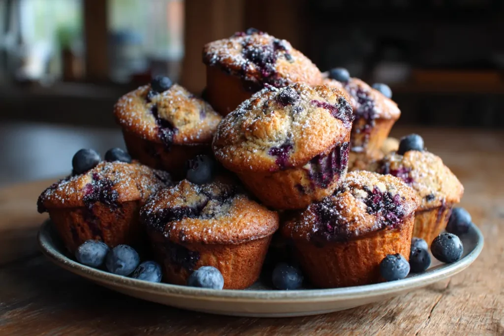 Homemade vegan blueberry muffins on a plate, golden-brown with juicy blueberries and a light sugar sprinkle