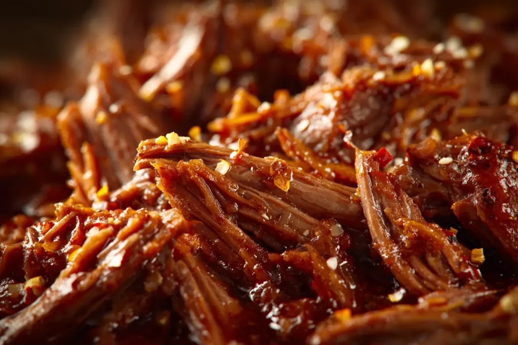 Close-up of shredded venison barbacoa showing juicy strands and rich sauce