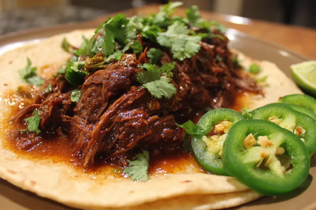 Homemade venison barbacoa served in a bowl with shredded meat, cilantro, jalapeños, and warm tortillas