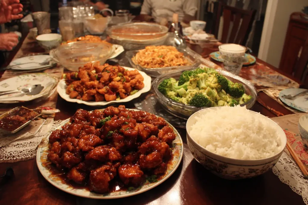 Family-style table with a large bowl of General Tso’s Chicken, rice, and a simple veggie side like broccoli or snap peas in warm home lighting.