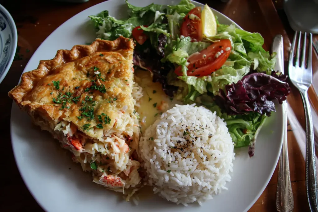 Lobster pot pie slice served with salad and rice