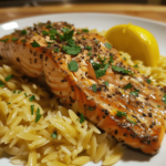 Creamy salmon orzo in a skillet with lemon and parmesan