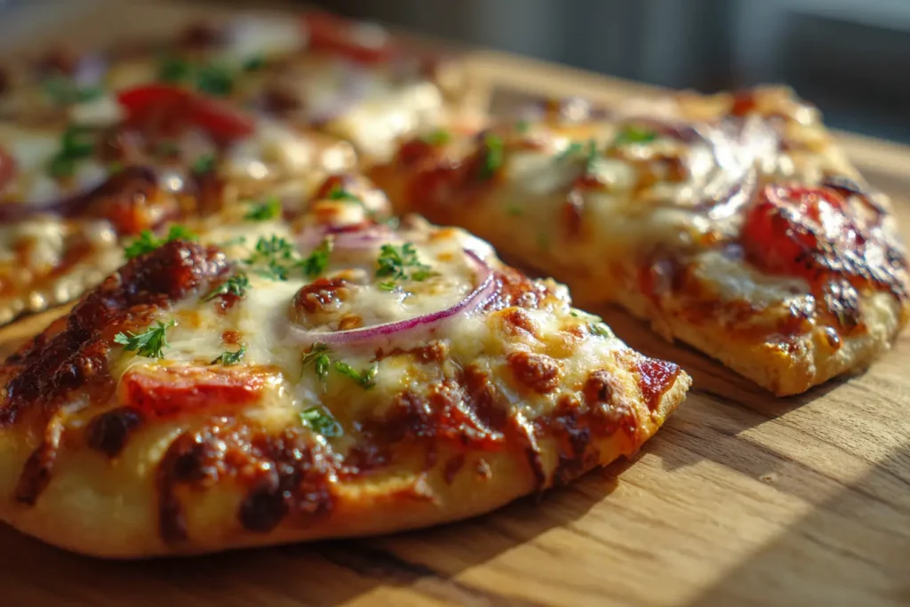 Homemade naan used as a quick pizza base with melted cheese and simple toppings