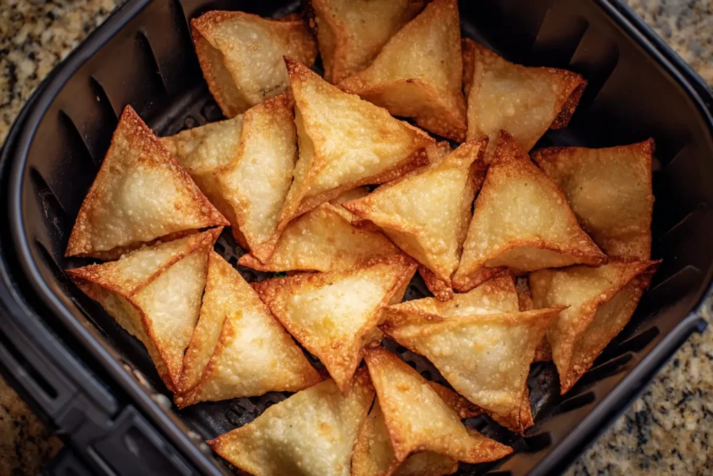 Air fryer basket filled with crispy rice paper crab rangoons, golden and lightly browned.