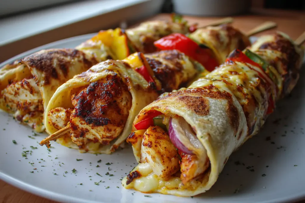 Air fryer tortilla kebab skewers with chicken, bell peppers, onion, and melted cheese on a plate - Air-Fryer Tortilla Kebab Skewers
