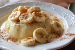 Banana milk custard in a simple bowl with banana slices and cinnamon, homemade and creamy.