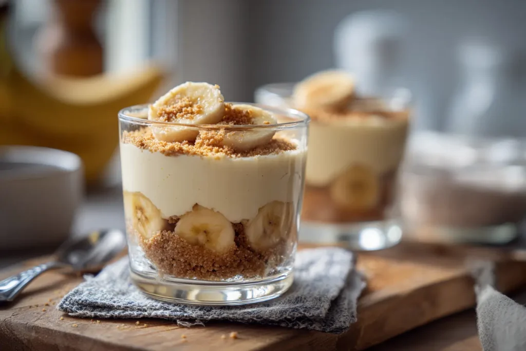 Banana milk custard layered with crushed vanilla cookies and banana slices in a clear glass.