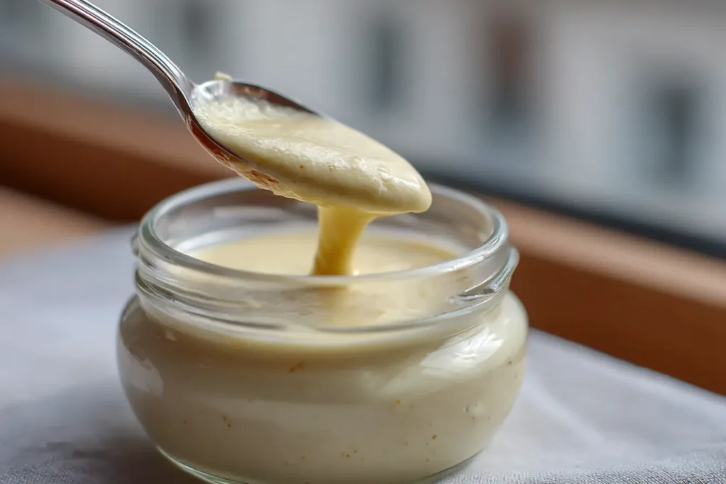 Spoon dipping into banana milk custard showing smooth creamy texture with banana flecks.