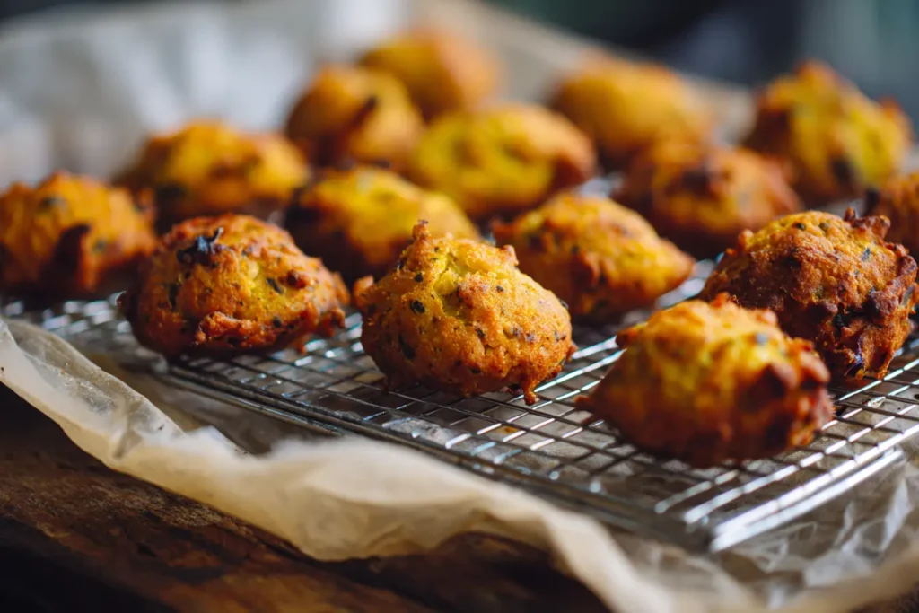 Freshly fried batata vadas cooling on a wire rack over parchment paper in a home kitchen.
