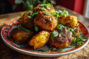 Crispy golden batata vada potato fritters garnished with coriander on a colorful plate.