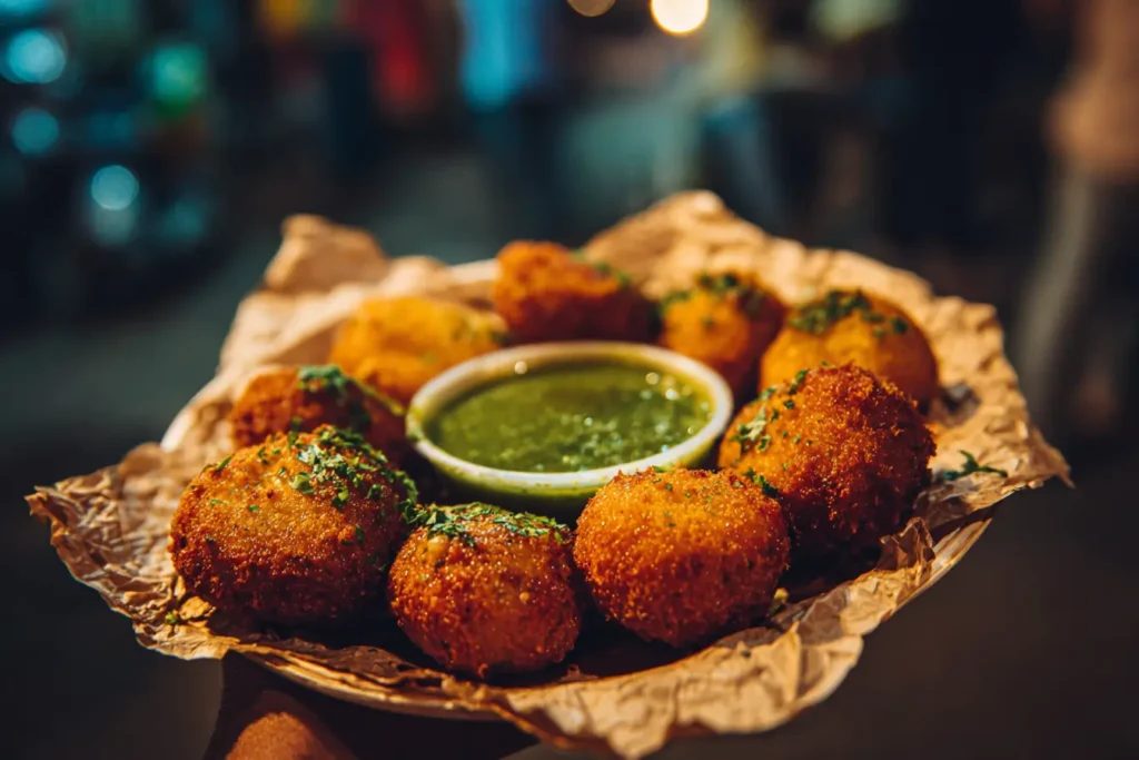Batata vada recipe on a paper plate served with green chutney in a casual street snack setup.