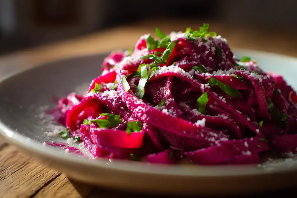 A blender filled with bright pink beet pasta sauce mid-blend in a real home kitchen.