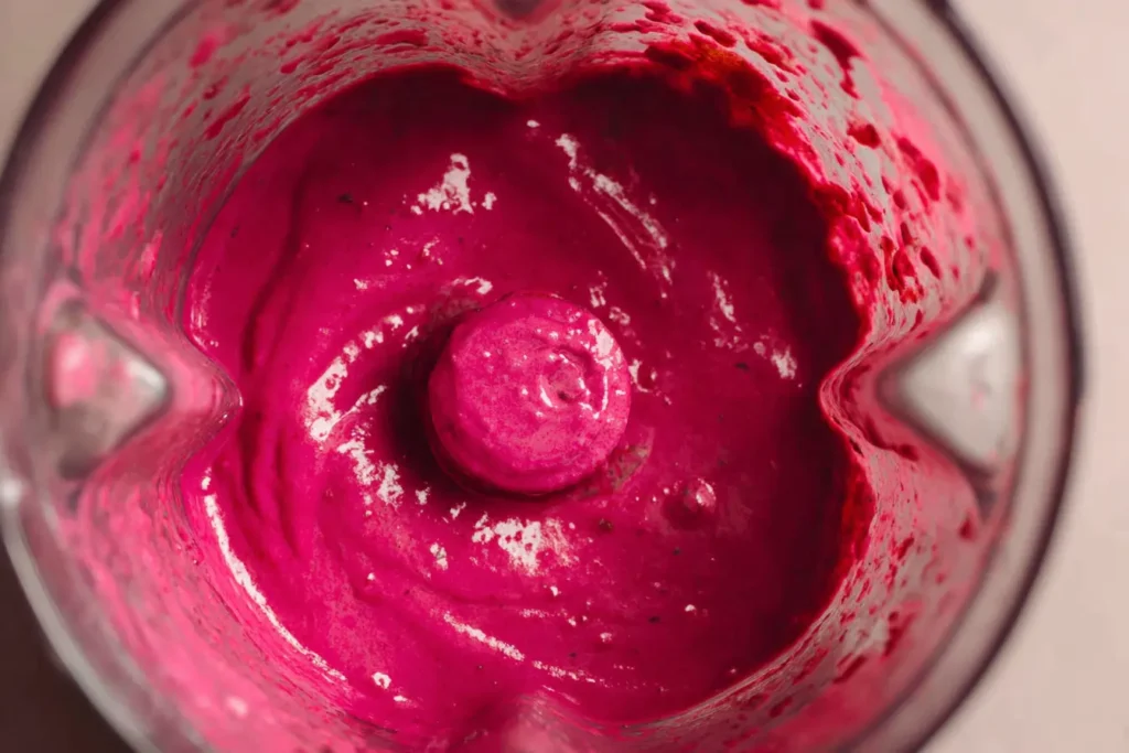 Bright pink beet pasta sauce blending in a home blender on a casual kitchen counter.
