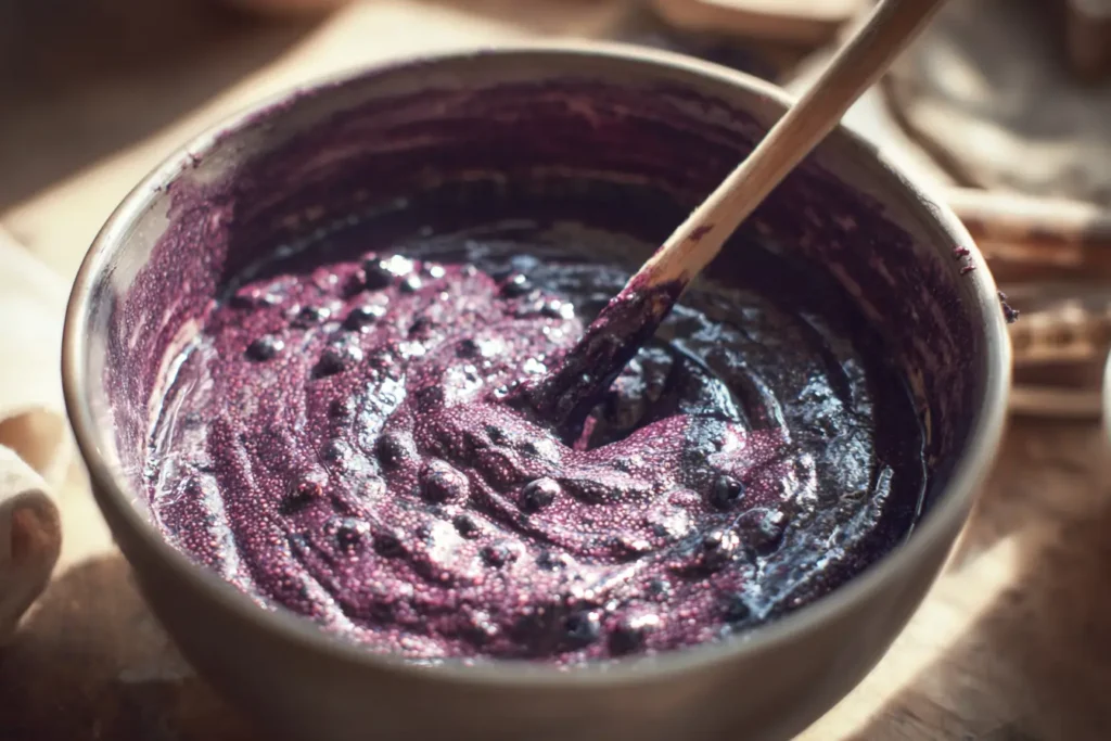 Mashed blueberries mixed with chia seeds in a bowl with a spoon stirring the glossy mixture