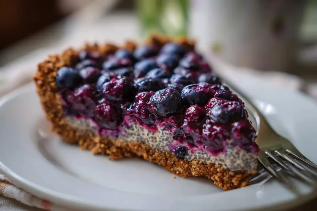 Close-up of a blueberry chia pie slice showing gelled chia texture, juicy berries, and crumb crust