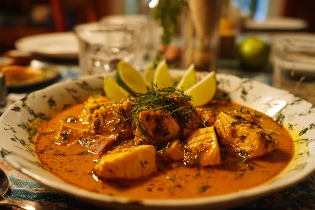 Brazilian fish stew with lime wedges and herbs on a casual dinner table, warm cozy lighting.
