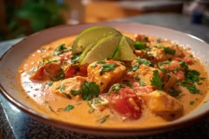 Brazilian fish stew (moqueca) with tender white fish in a creamy coconut milk broth, topped with cilantro and lime in a rustic bowl.