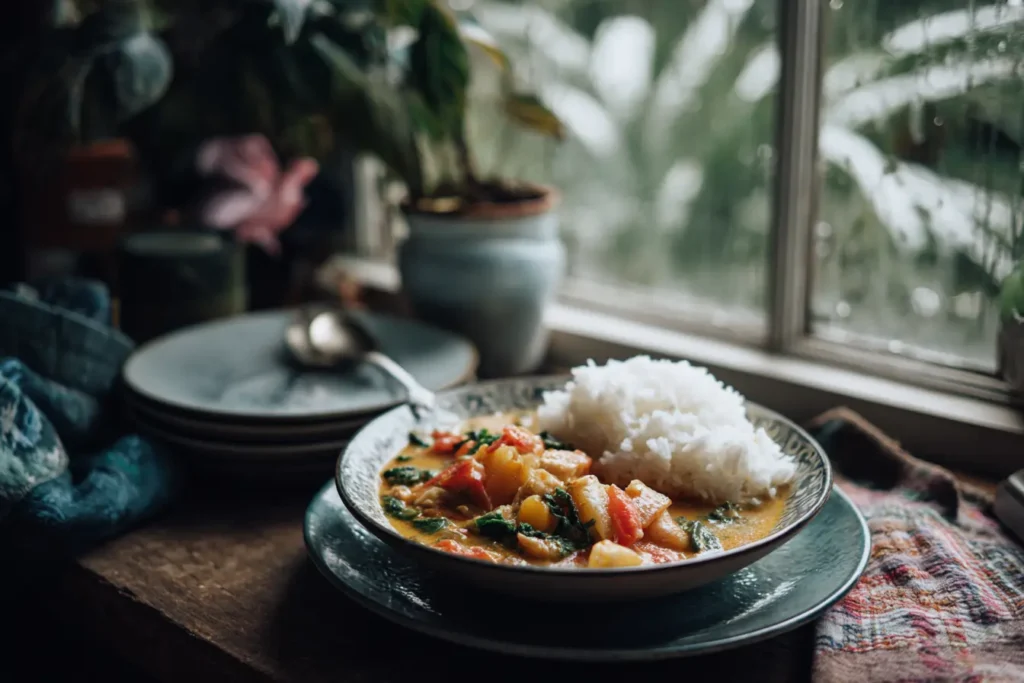 Brazilian moqueca fish stew served in a bowl with white rice on the side, creamy coconut broth with fish and peppers.