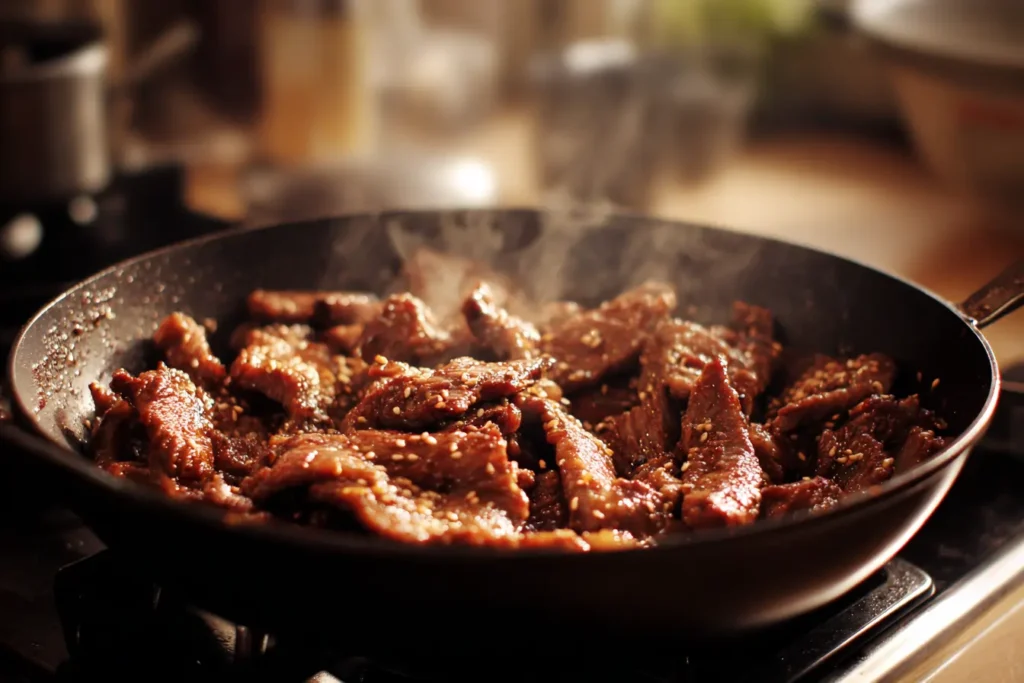 Thin sliced Korean bulgogi beef sizzling in a skillet with caramelized edges