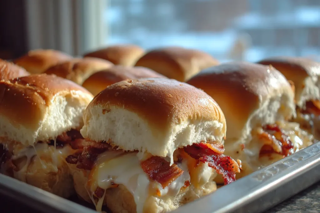 Chicken bacon ranch sliders in a baking dish with melted cheese and crispy bacon on golden rolls.