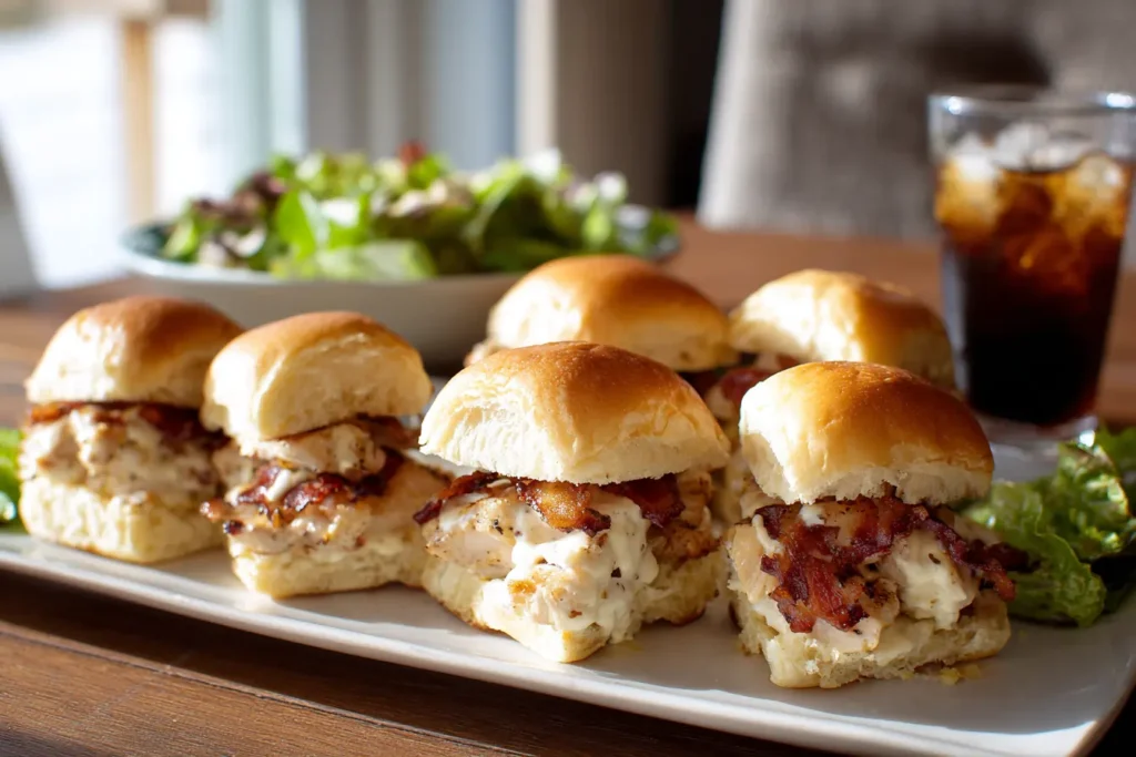 Chicken bacon ranch sliders served on a dinner table with a simple salad and a soda glass.