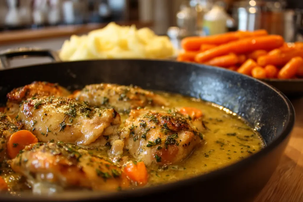 Chicken simmering in herb gravy in a skillet with mashed potatoes and glazed carrots in the background