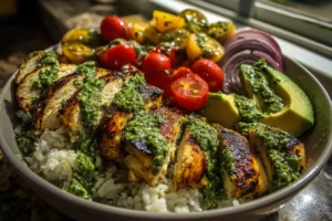 Chimichurri grilled chicken bowl with garlic sauce, fluffy rice, cherry tomatoes, red onion, and avocado in a deep bowl