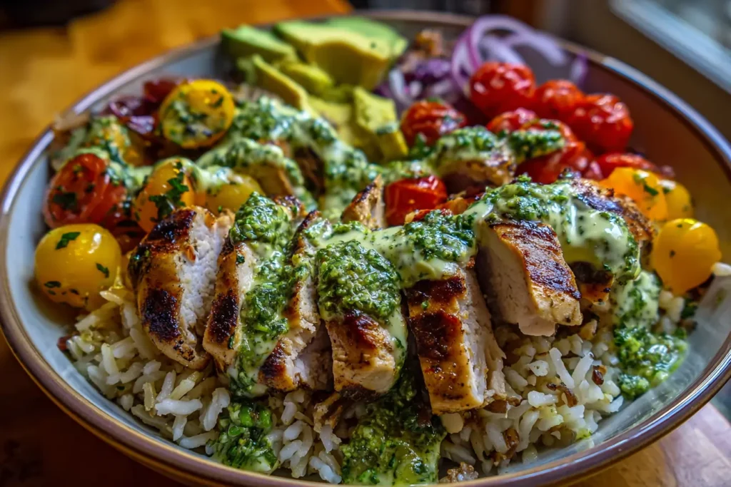 Sliced grilled chicken with chimichurri and garlic sauce over rice with cherry tomatoes and cucumber