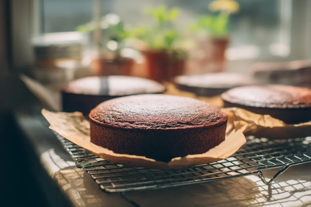 Freshly baked chocolate cake layers cooling on a wire rack with parchment paper in a home kitchen