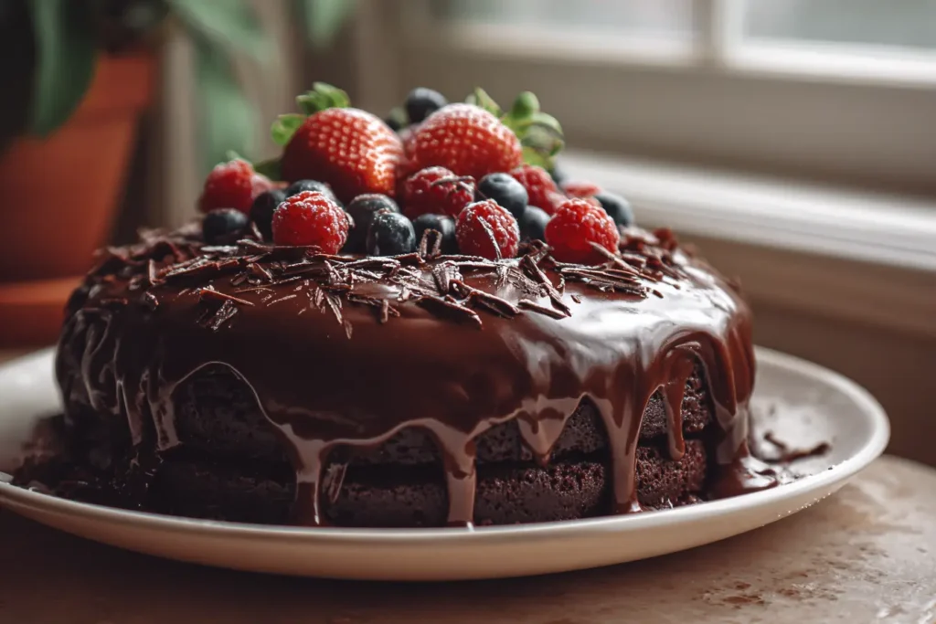 Homemade chocolate ganache cake with glossy ganache, chocolate shavings, and berries on a plate