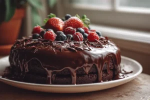 Homemade chocolate ganache cake with glossy ganache, chocolate shavings, and berries on a plate