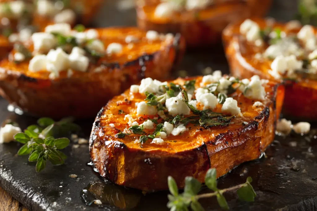 Close-up roasted sweet potato slices with feta cheese and honey drizzle showing crispy edges