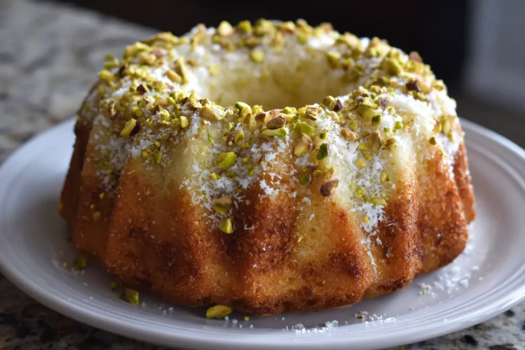 Coconut and pistachio pudding bundt cake on a plate with coconut flakes and chopped pistachios on top