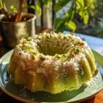 Coconut and Pistachio Pudding Cake finished dish for recipe card