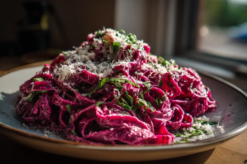 Creamy beet pasta sauce coating pasta in a bowl with parmesan and herbs, photographed in natural window light.