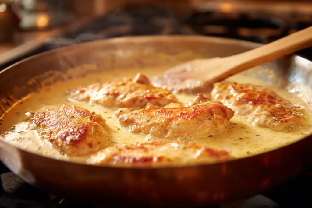 Creamy chicken supreme simmering in a skillet with chicken in a bubbling parmesan cream sauce