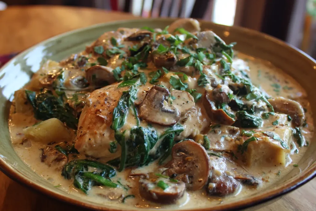 Creamy chicken supreme in a rustic bowl with mushrooms and spinach, topped with fresh herbs