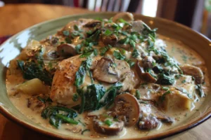 Creamy chicken supreme in a rustic bowl with mushrooms and spinach, topped with fresh herbs