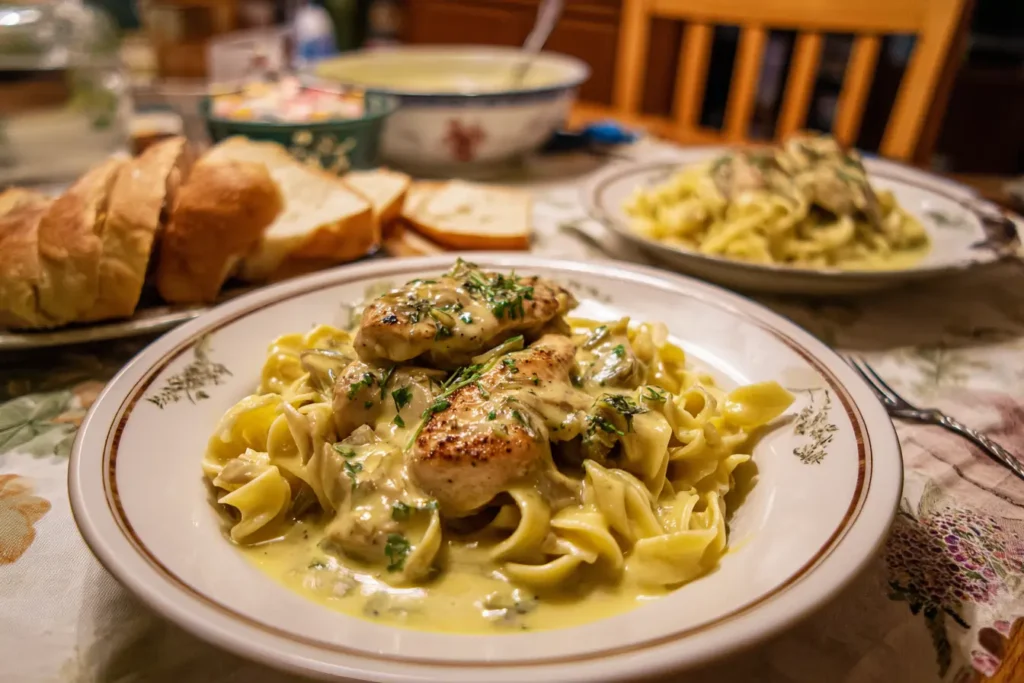 Creamy chicken supreme served with pasta on a casual dinner table with bread on the side