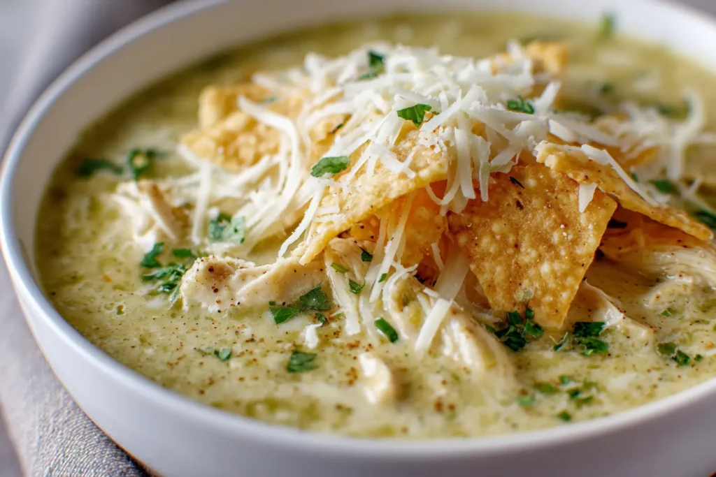 Close-up of creamy green chicken enchilada soup with shredded chicken and melted cheese