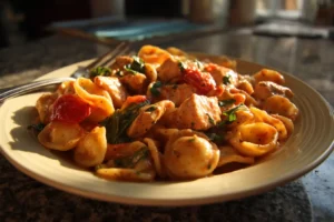 Creamy tomato basil chicken orecchiette pasta with tender chicken, rich tomato cream sauce, and fresh basil in a homemade bowl