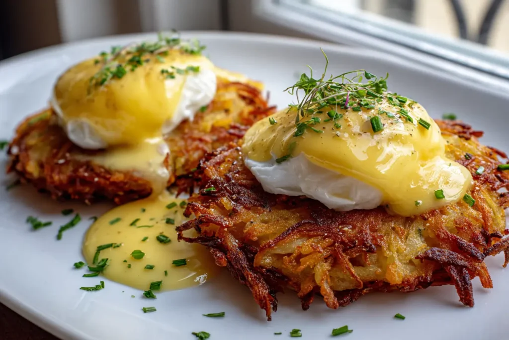 Latke Eggs Benedict on a white plate near a window with crispy latkes, poached eggs, and hollandaise