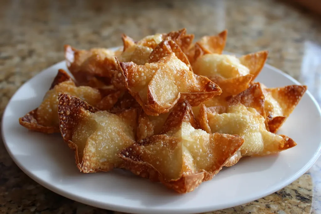 Rice paper crab rangoons piled on a white plate with blistered golden edges and creamy filling.