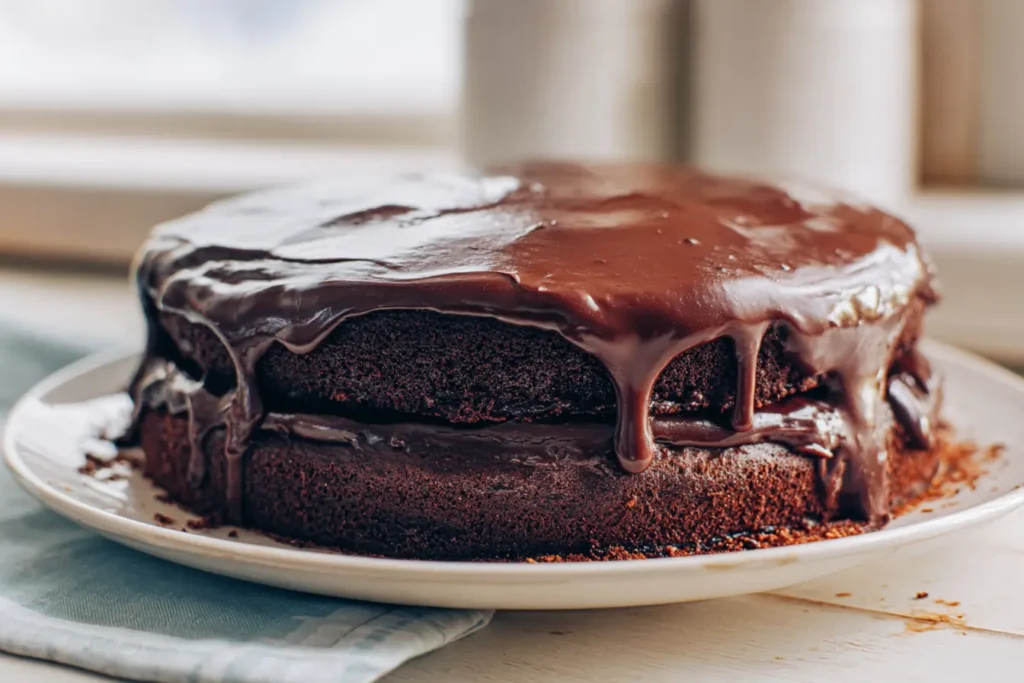 Chocolate ganache cake on a simple kitchen table with natural drips and a few crumbs on the plate