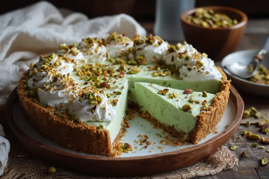 No bake pistachio pie  recipe chilled and ready to slice with whipped cream and pistachio topping