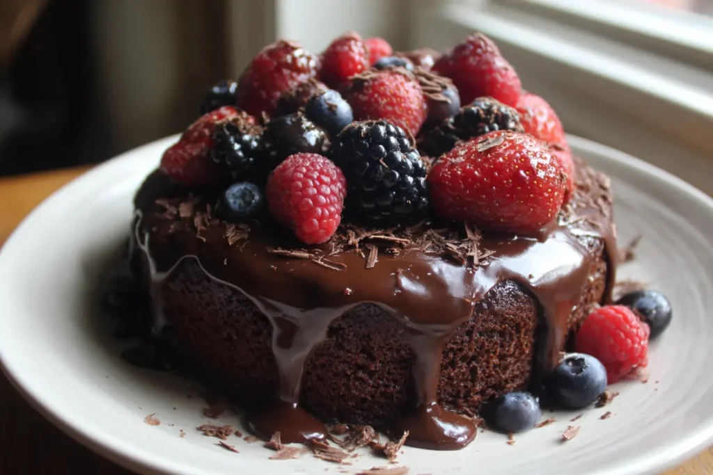 Finished chocolate ganache cake with glossy ganache and fresh berries in a cozy home kitchen setting