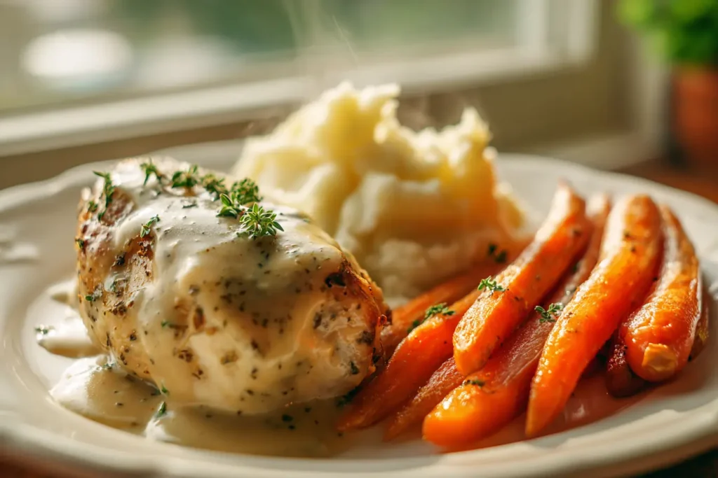 Freshly plated herb gravy chicken with steaming mashed potatoes and butter-glazed carrots - Herb Gravy Chicken with Mashed Potatoes & Glazed Carrots