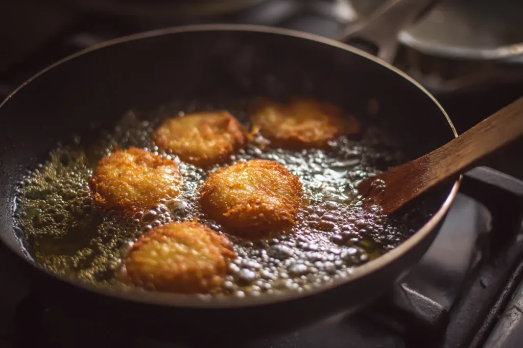 Batata vada frying in bubbling oil in a pan on a home stove with a wooden spoon nearby.