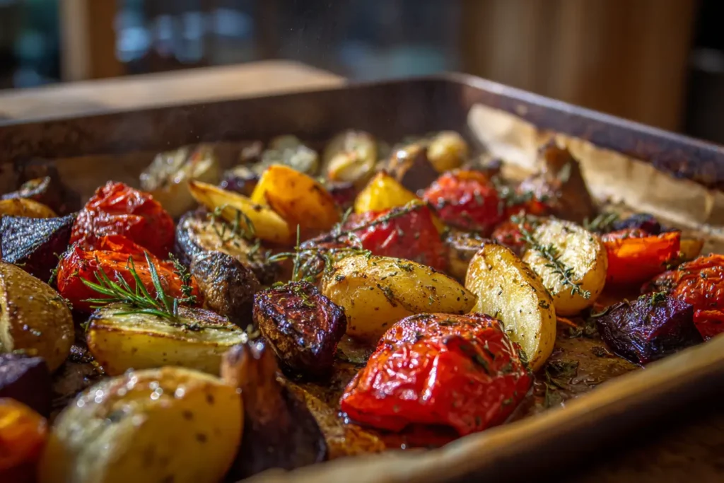 Fresh garlic roasted vegetables steaming on a sheet pan with caramelized edges in a rustic kitchen