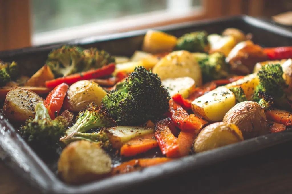 Garlic roasted vegetables on a sheet pan with crispy broccoli, carrots, potatoes, peppers, and golden garlic slices